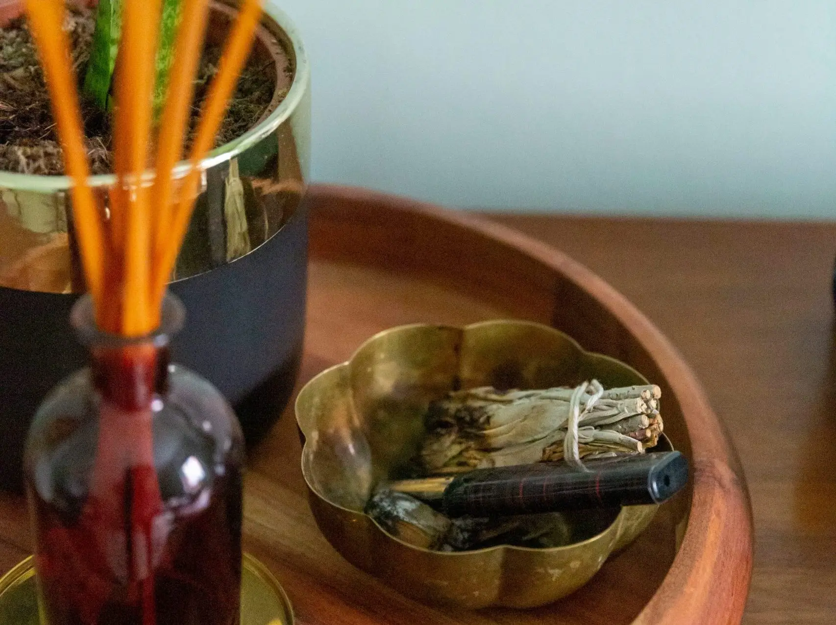 Plantes avec encens sur une table